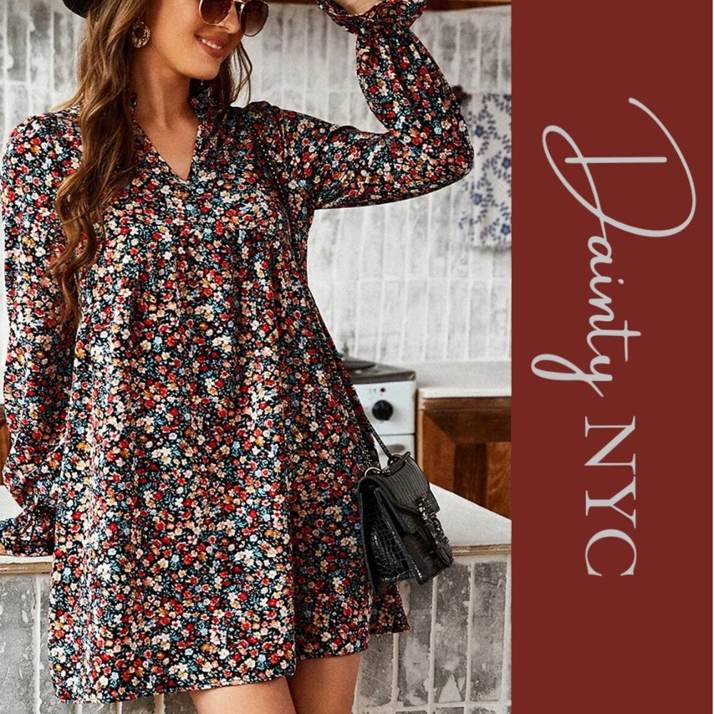 Boho Dainty Floral Confetti Ruffle Babydoll Dress